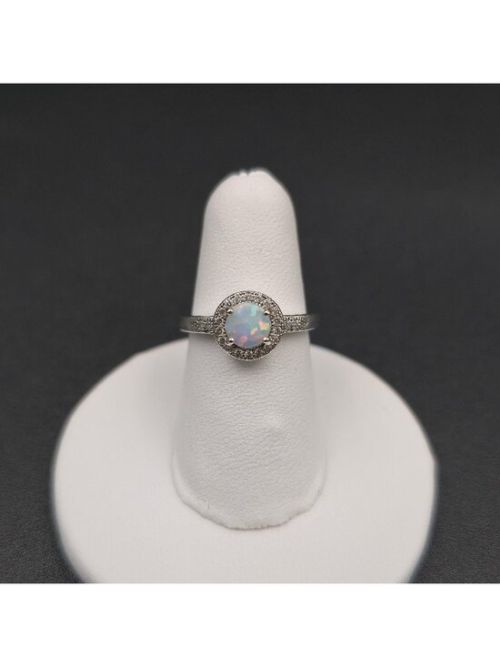 Jewelry - Size 5 Sterling Silver Round White Opal Halo Ring with Cubic Zirconia Ring A7487